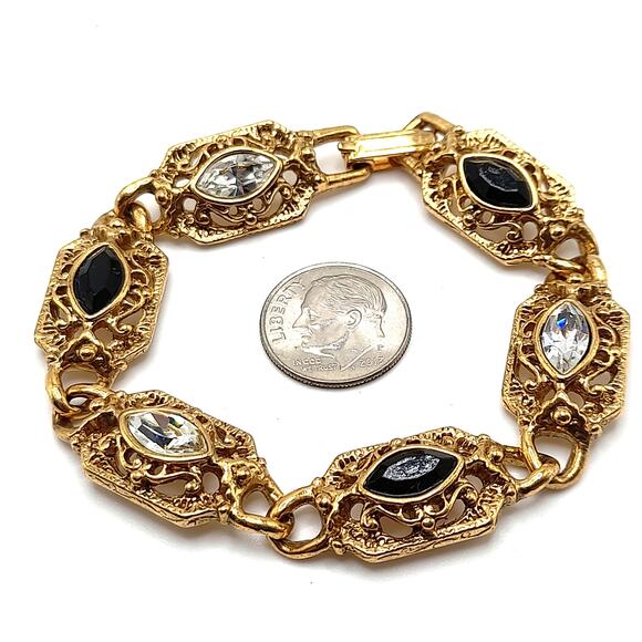 Black Clear Crystal Bracelet, Gold Tone, 1928 Style, 7 1/8 In - Picture 2 of 10